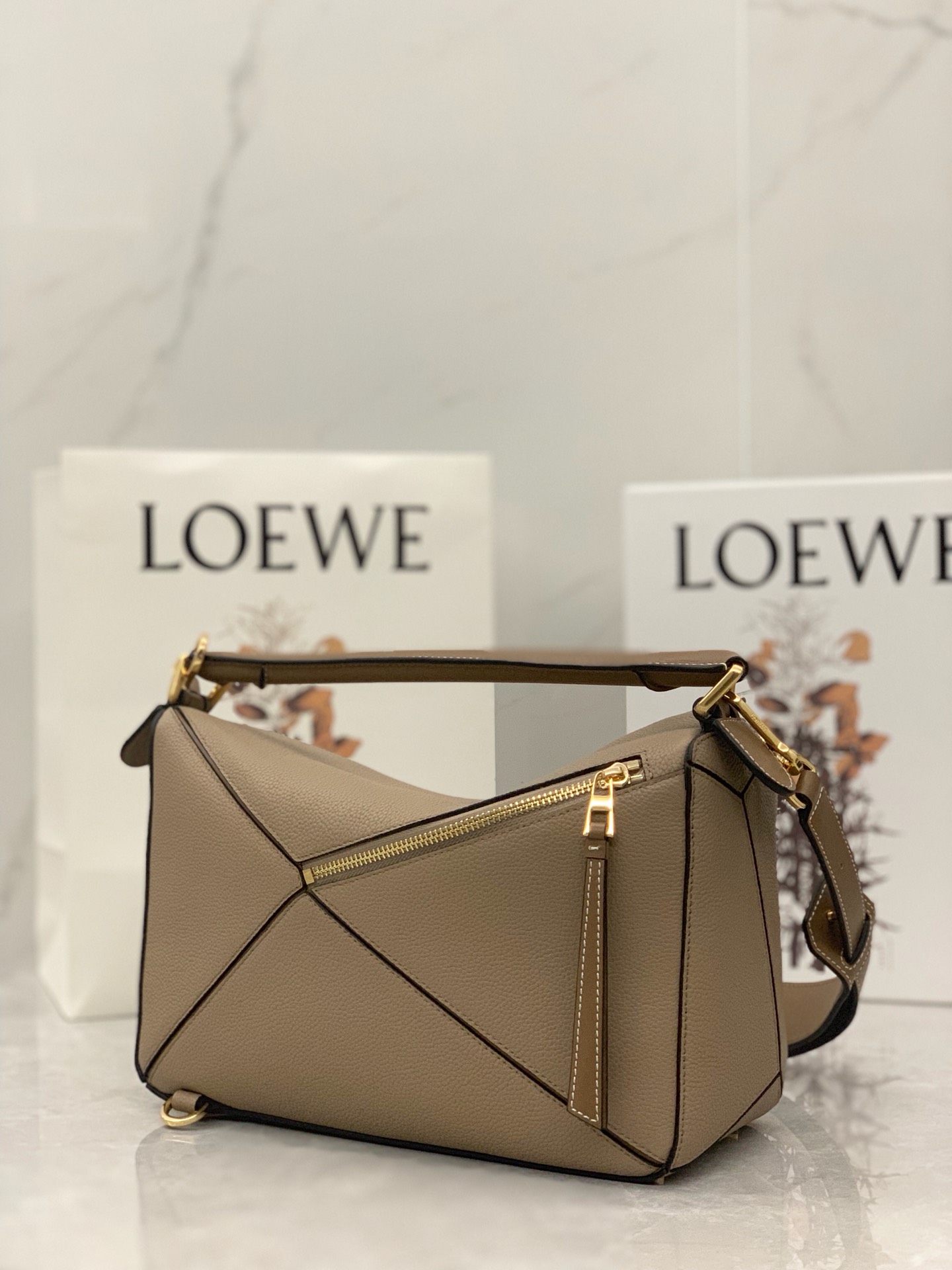 Loewe Medium Puzzle Bag in Soft Grained Calfskin Sand